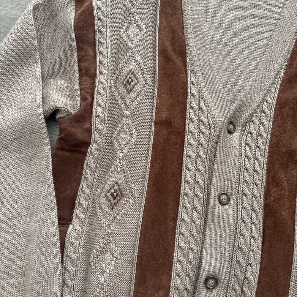 VTG Norm Thompson Mens L Cosby Leather Wool Cable Knit Cardigan Sweater Italy - Picture 5 of 16
